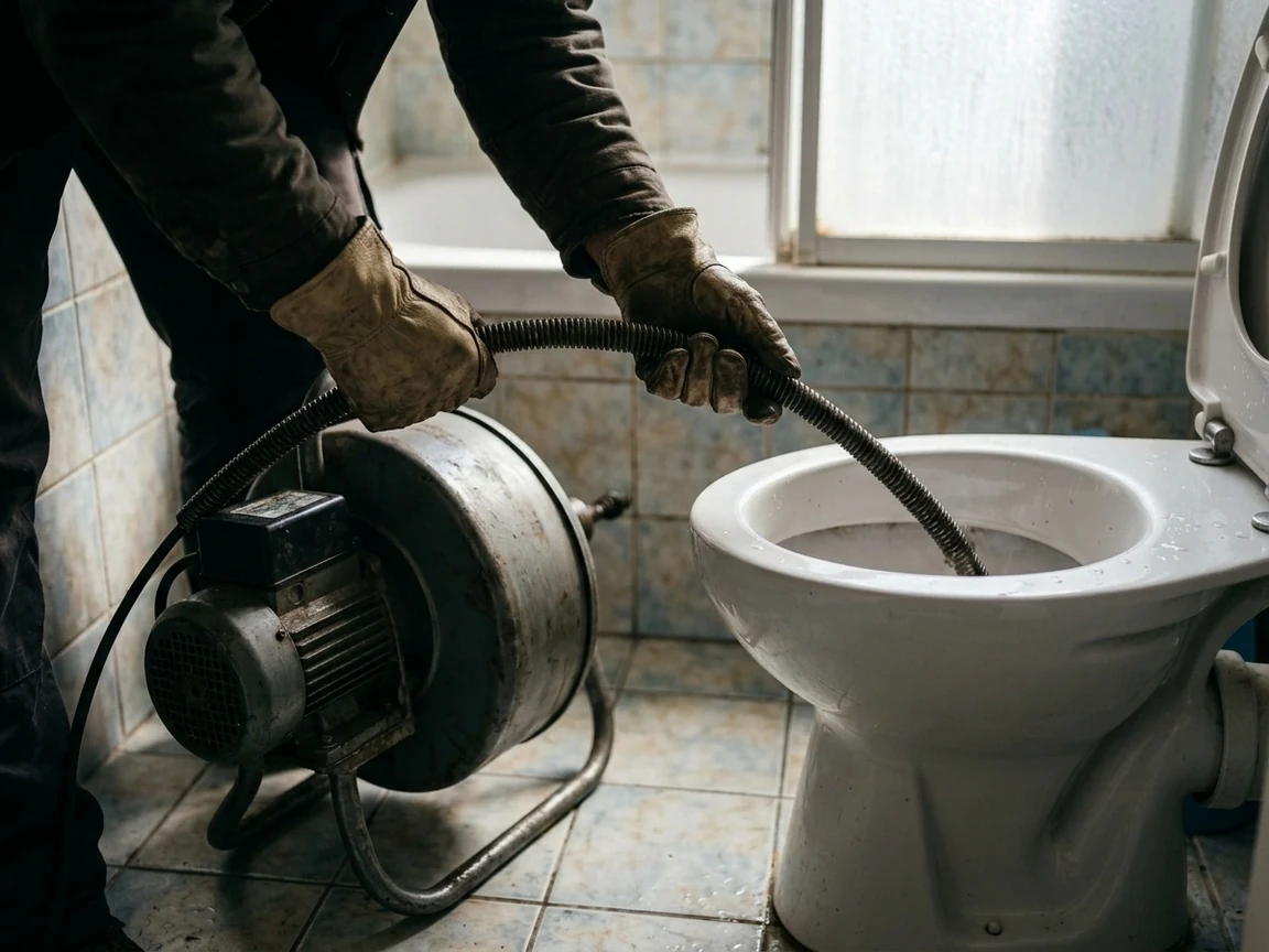 WC-dugulás gépi tisztítása — csak a kéz és a gép látszik