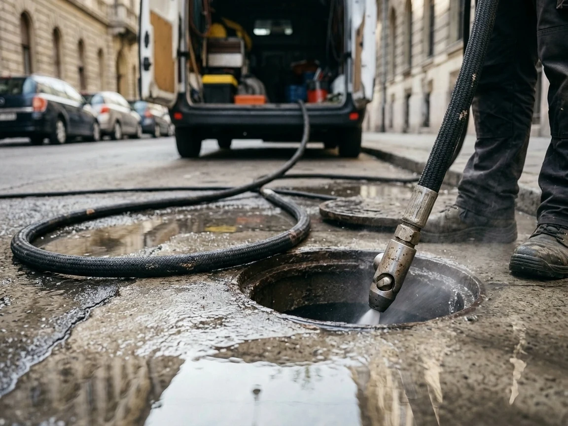Nagynyomású mosó tömlője a lefolyóban, munka közben