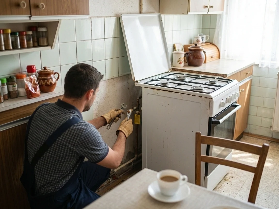 Gáztűzhely bekötése konyhában, hátulról
