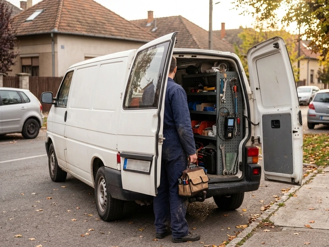 A szakember az autójánál, indulás előtt