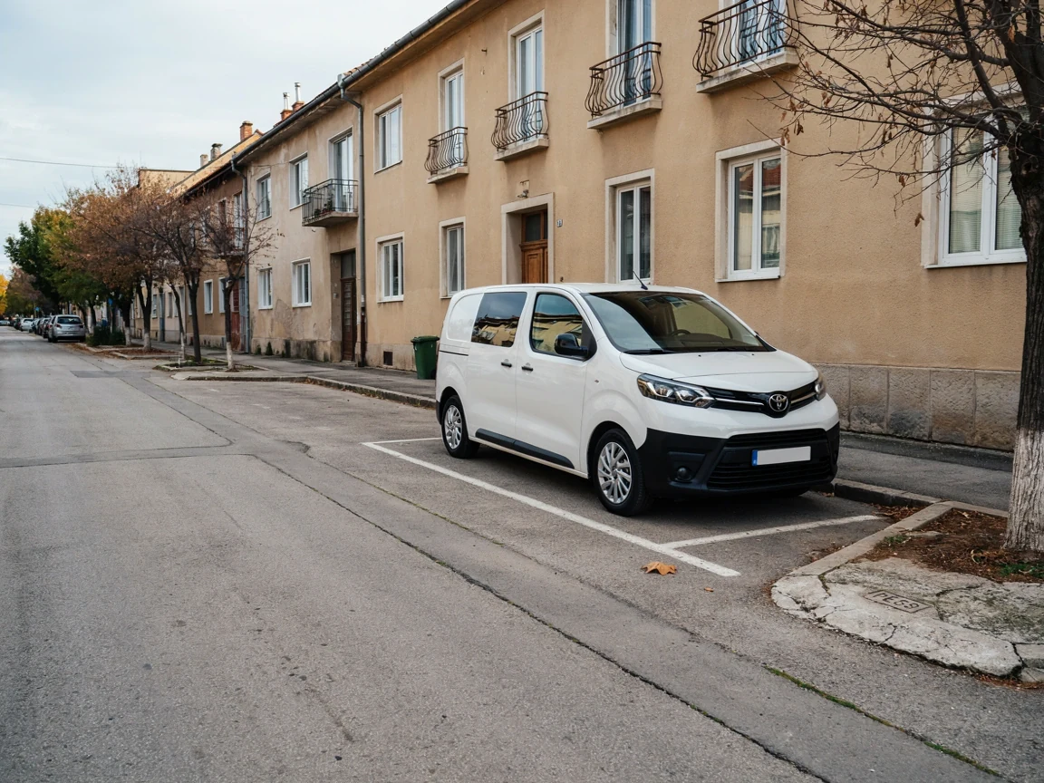 Jelöletlen fehér kisbusz egy pécsi utcában, felirat és logó nélkül
