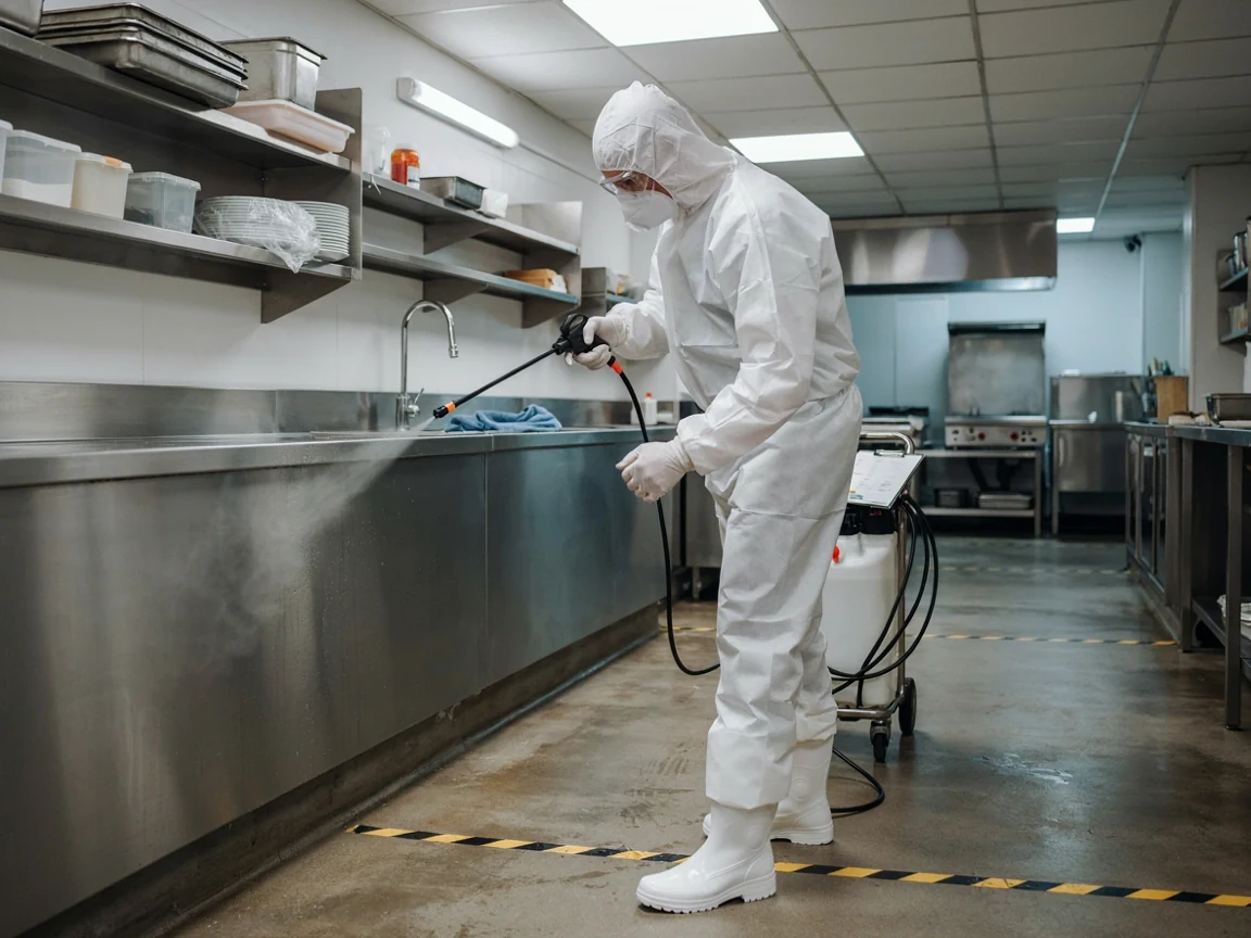 HACCP szerinti irtás egy étterem konyhájában, munka közben