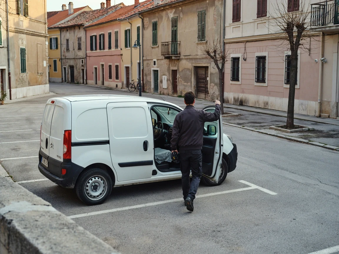 A szakember a szolgálati autó mellett áll, indulás előtt
