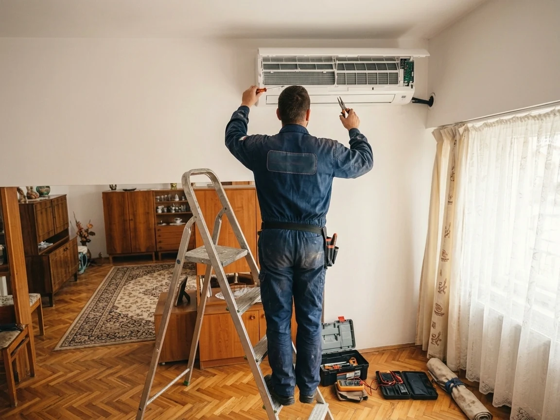 Szerelő létrán a beltéri egység nyitott előlapjánál — hátulról