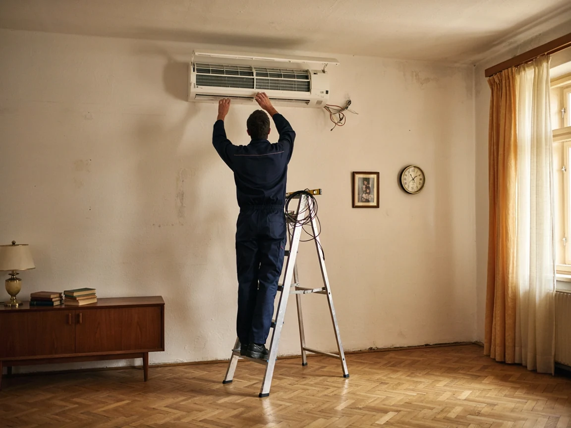 Beltéri klímaegység felszerelés közben egy nappaliban