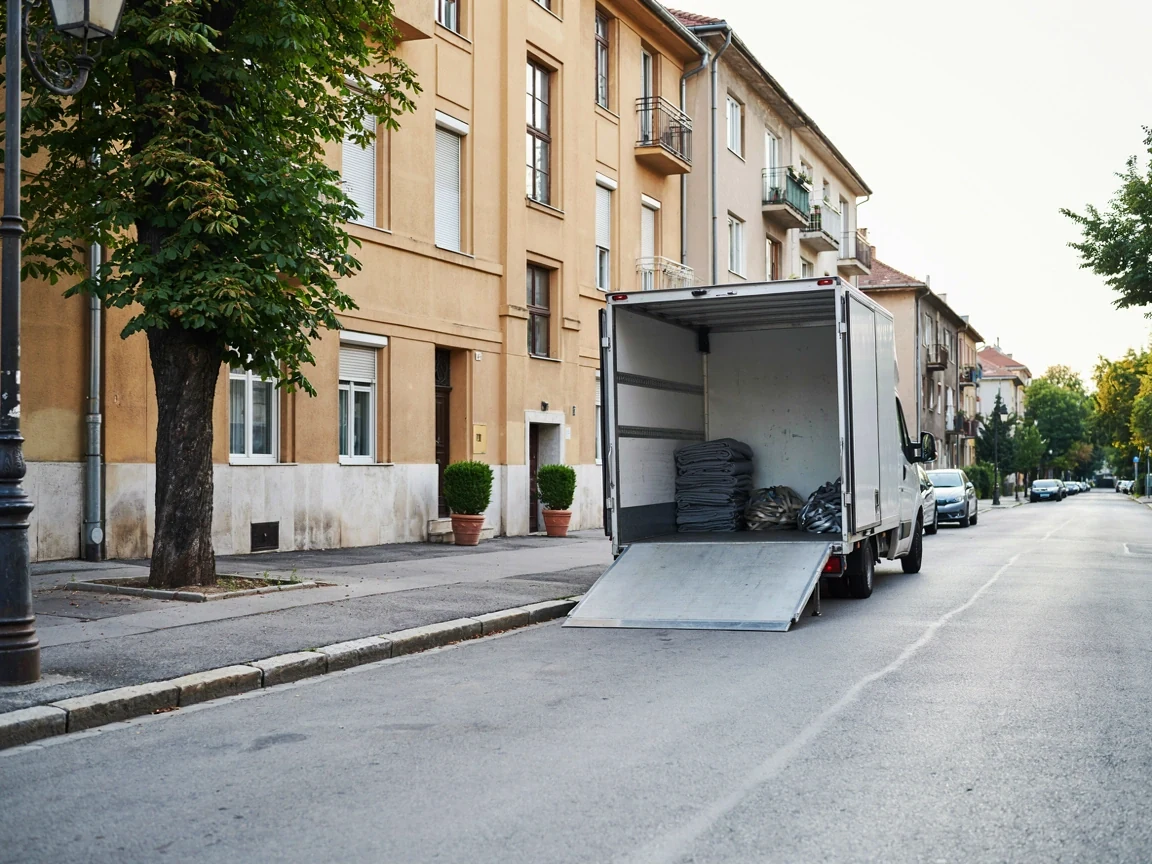 A teherautó indulás előtt, nyitott raktérrel