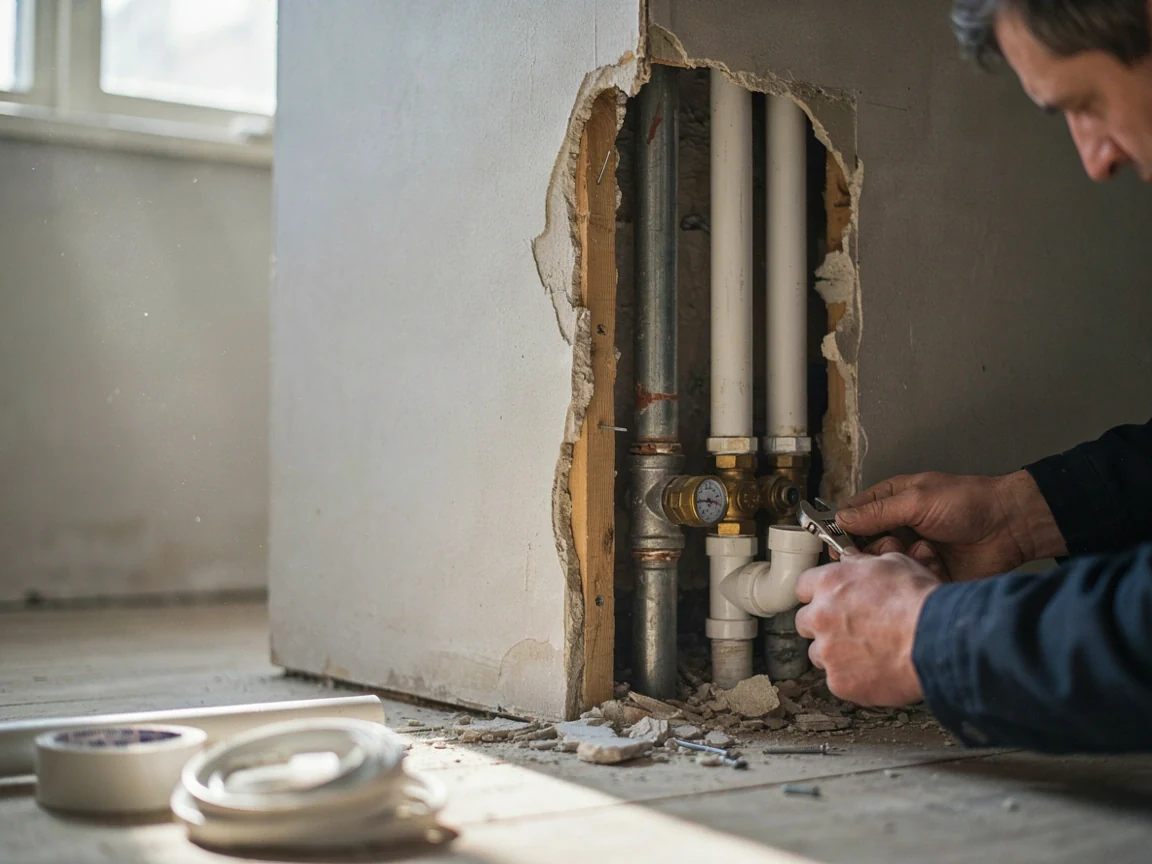 Feltárt fal, láthatóvá tett vízvezeték-szakasz