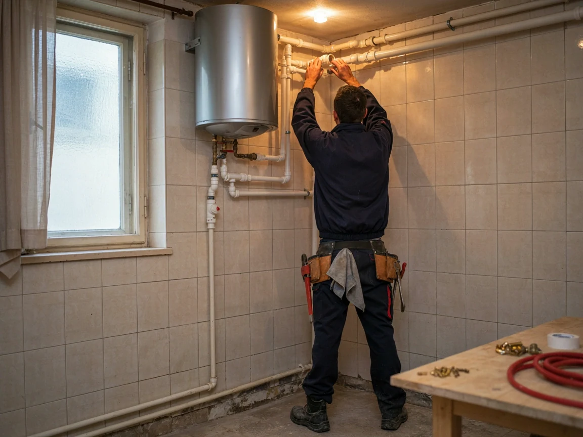 Villanybojler bekötése a falon, hátulról fotózva