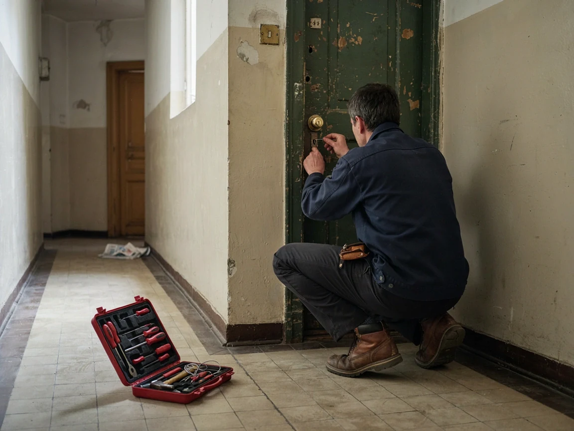 A zárszerelő a bejárati ajtónál szerszámmal — hátulról