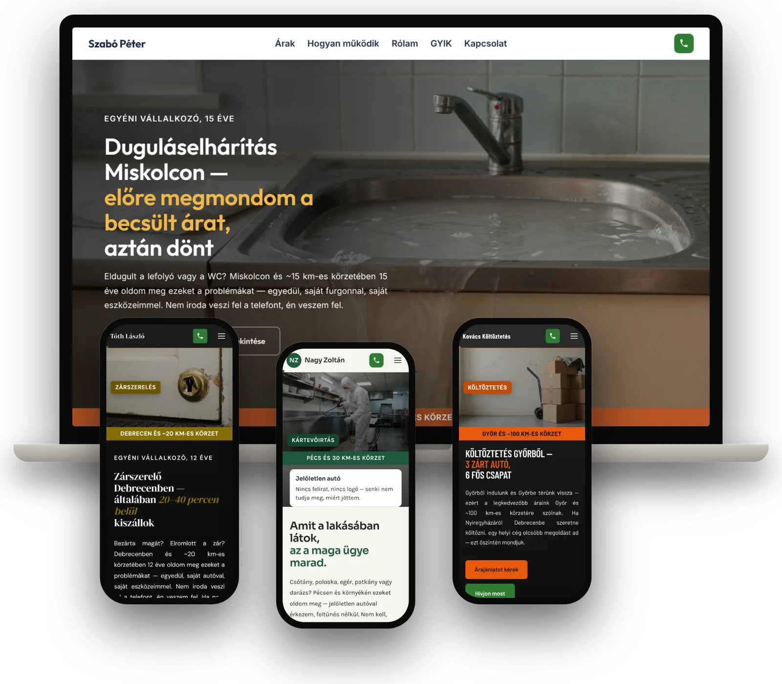 Négy demó-weboldalunk laptopon és telefonokon: duguláselhárítás, zárszerelés, kártevőirtás, költöztetés